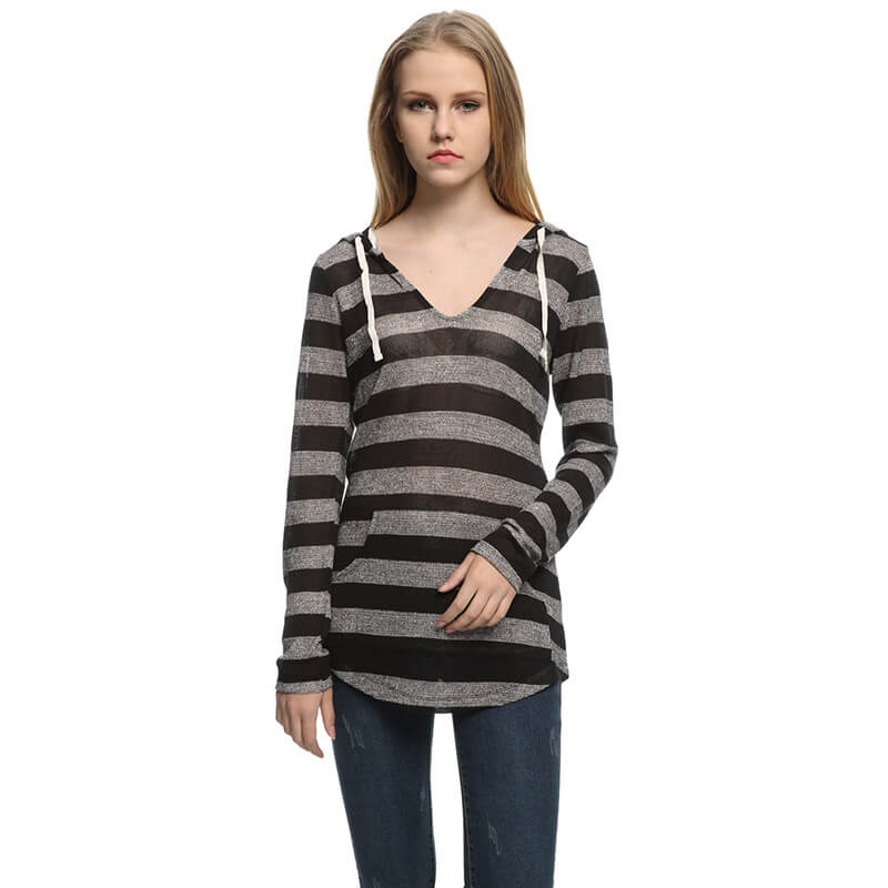 Junior's Weekend V Neck Striped Knit Sweatshirt Hooded with Contrast Tie