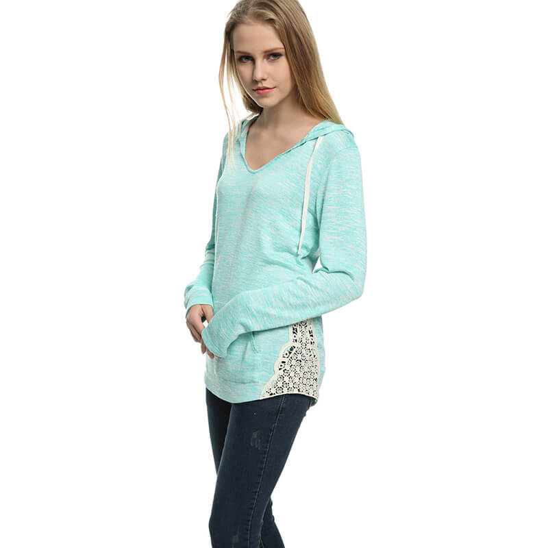 Junior's V Neck Sweater Knit Top Hooded with Crochet Side Seam