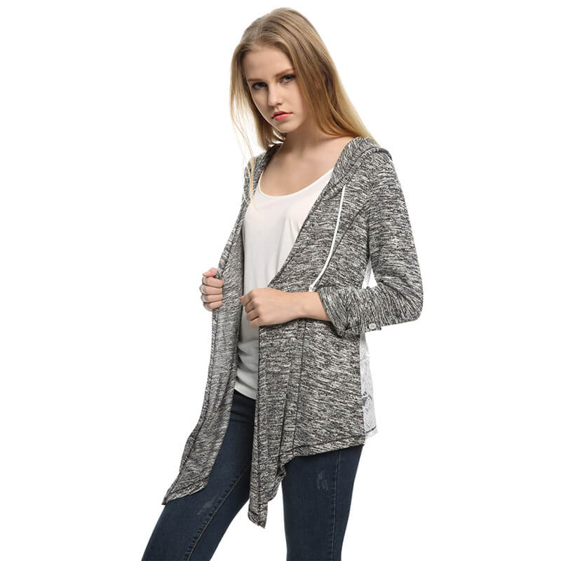 Junior's Lace Back Tab Sleeve Cozy Knit Hooded Cardigan