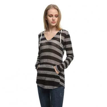 Junior's Weekend V Neck Striped Knit Sweatshirt Hooded with Contrast Tie