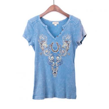 Mineral Washed Short Sleeve Top With Print And Beads In The Front