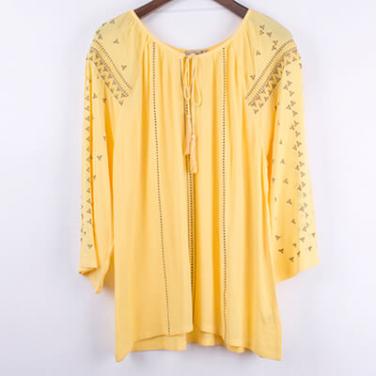 3/4 Sleeves Embroidery Rayon Yellow Top