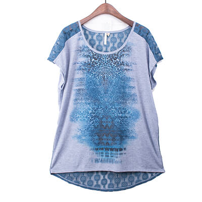 Screen Printed Poly Linen Top With Large Crochet