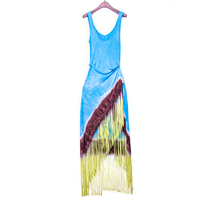 Rayon Spadex Hand Cut Fringes Tie Dye Long Dress With Shoulder Straps