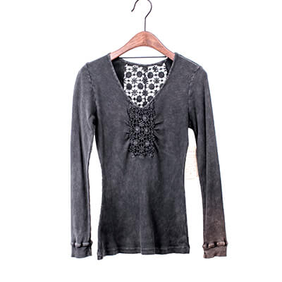 Mineral Washed Long Sleeve T-shirt With Crochet