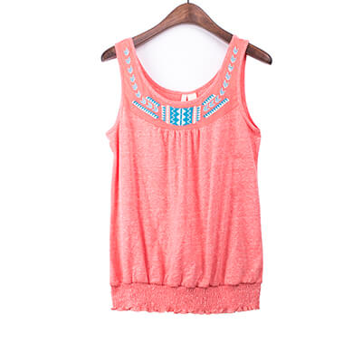 Embroidery Neck Shirred Bottom Tank Top