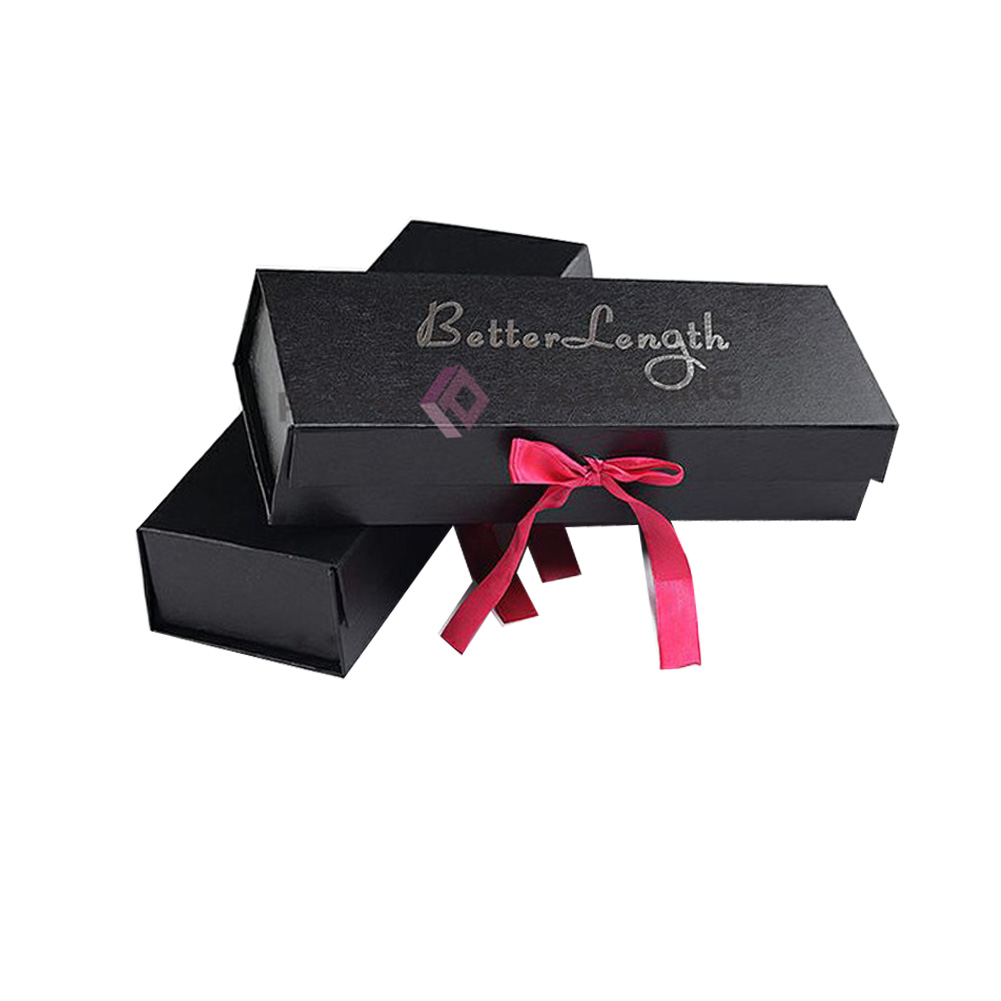 Black Hair Extension Packaging Box With Ribbon Closure