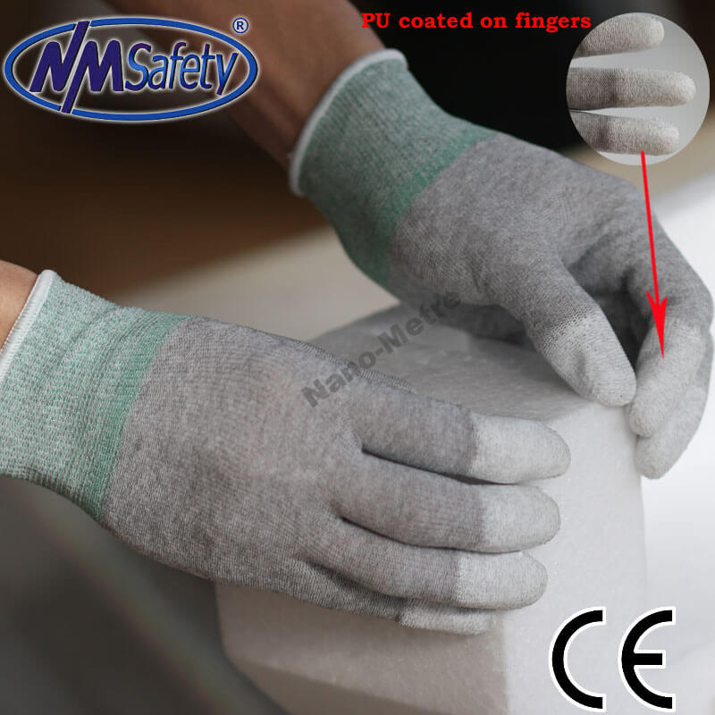 Nylon-Carbon knitted Liner Coated White PU On Finger Tips ESD Glove- PU20.07F