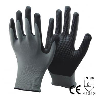 High-technology Foam Nitrile With Emboss Grip Nylon Glove - NY1350FP-GR/BLK