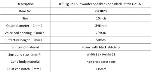 GZ1073：10" Big Roll Subwoofer Speaker Cone Black Stitch ，2VCID