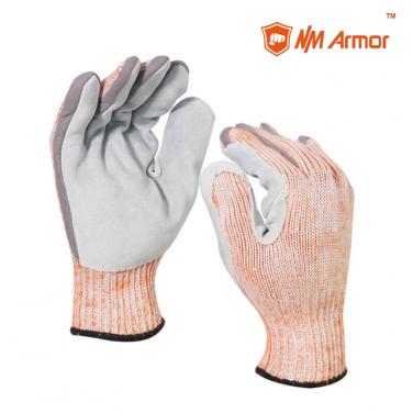 ANSI Cut 9 leather gloves with 7 gauge cut resistant knitting gloves cowhide leather on palm stitch-DY007CS