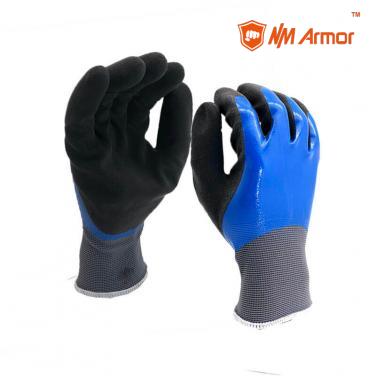 EN388:4121X Nitrile sandy blue nitrile safety gloves nitrile double coating gloves-NY1359DC-BL/BLK-T