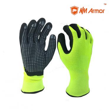 EN388:4121X Hi-viz 15 gauge dots gloves industrial black anti-slip latex gloves-NM1350FD-HY/BLK