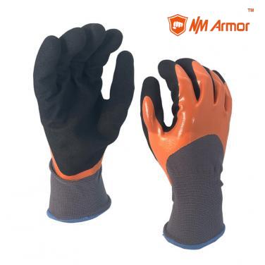 EN388：4121X Working glove double palm knitting glove water resistant hand gloves-NY1355DC-OR/BLK