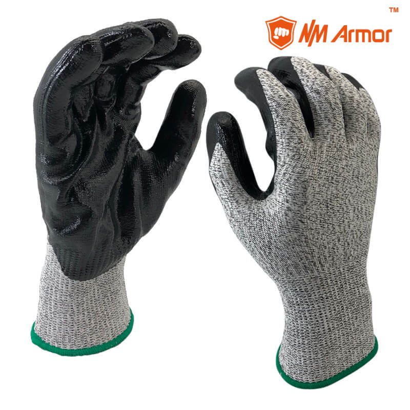 EN388:4X42C Black Smooth Nitrile On Palm HPPE Glove Cut Level 3 Cut Resistant Glove Safety Working Glove- DY1350-BLK