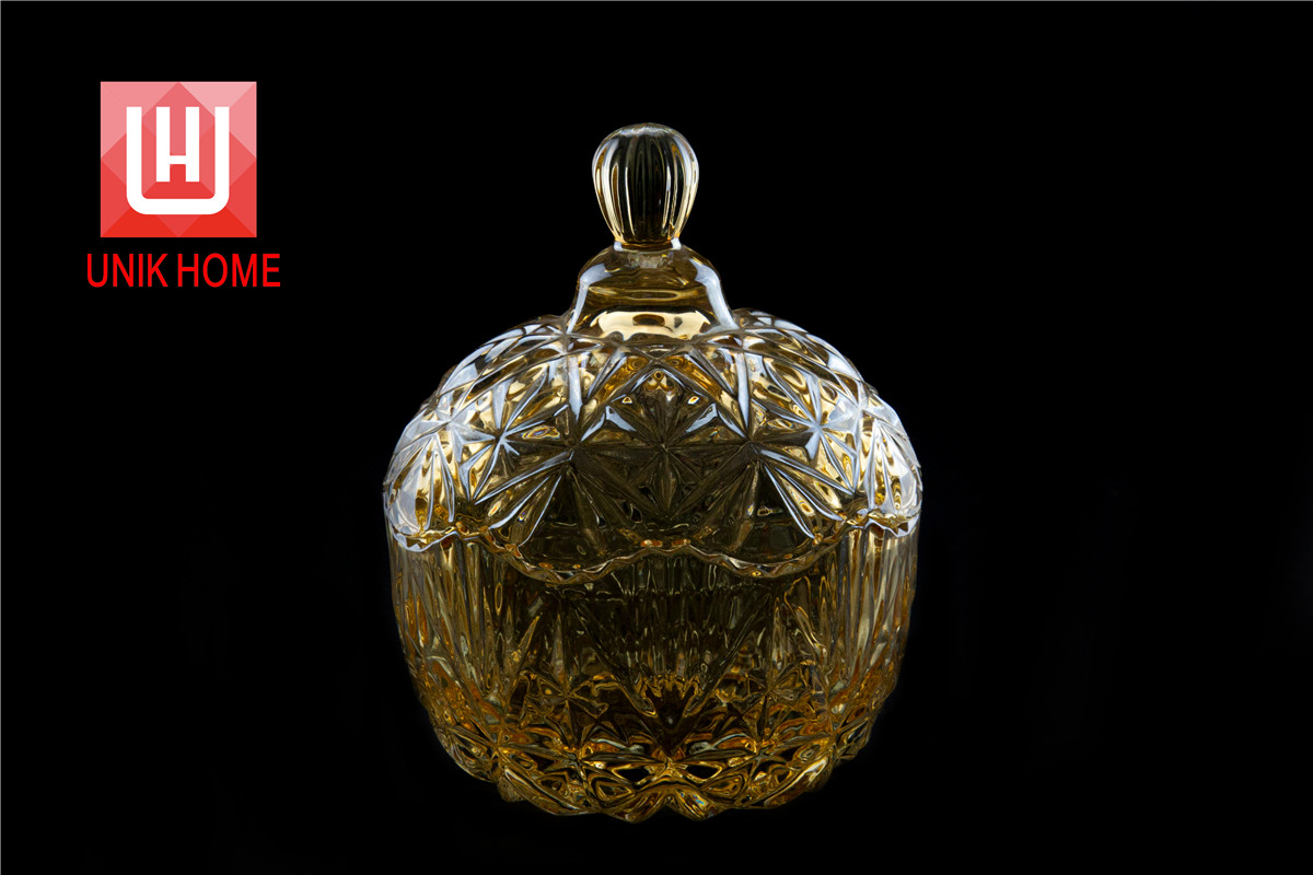 UNIK HOME Gold Silver Glass UNIQUE PUMPKIN SHAPE HIGH QUALITY GLASS CANDY JAR WITH LID TG002-1J