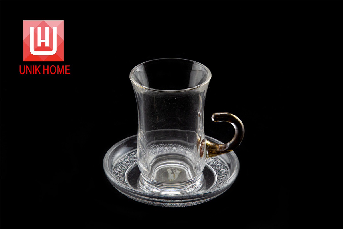 UNIK HOME Factory Wholesale Glass Classical Coffee Glass Cup And Plate Set With Colored Handle