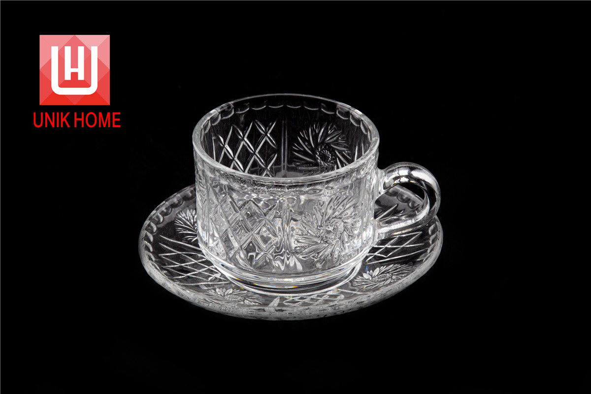 UNIK HOME Classic Engraved High Quality Transparent Drinking Tea Cup Customized Glass Coffee Cup With Plate