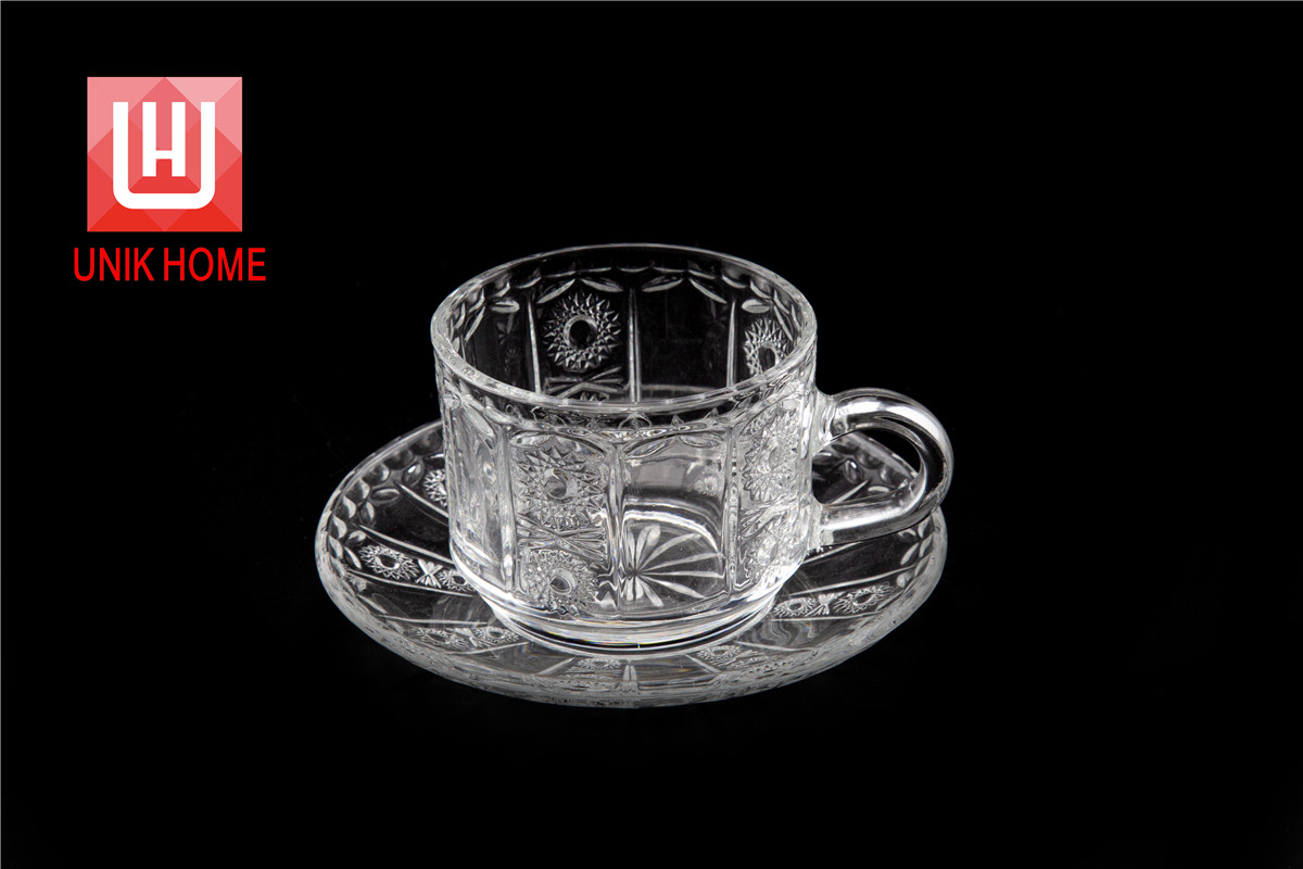 UNIK HOME Manufacturer Wholesale Classic Engraved High Quality Glass Mug Customized Glass Coffee Cup With Handle Plate