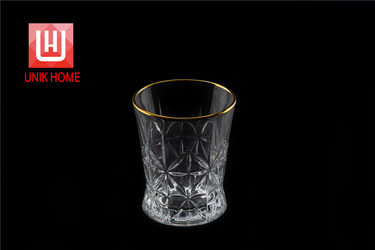 UNIK HOME Embossed Whiskey Glass Golden Rim Transparent Crystal Tumbler Glass Cup Coffee Milk Tea Mug DM316JB