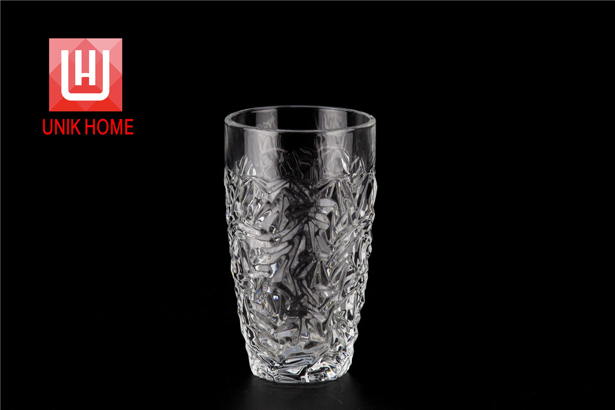 UNIK HOME Unique Design Full Embossed Glass Cup Hot Sales Glassware Beer Mug Single Wall