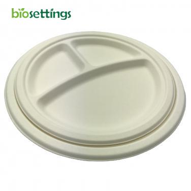 PFAS Free Disposable Sugarcane 9'',10'' Plates 3 Compartment Plate Biodegradable Food