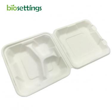 PFAS Free 8" 3 Low Compartment Clamshell Compostable Container Sugarcane Box