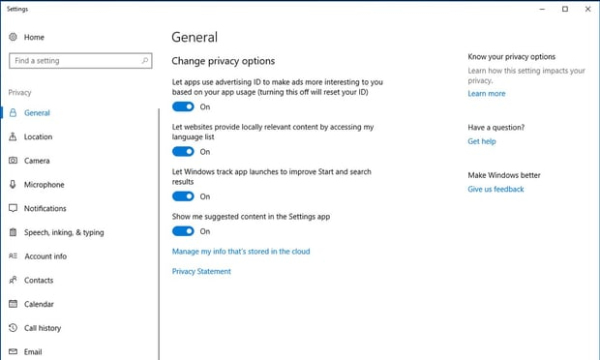 Windows 10中的隐私选项