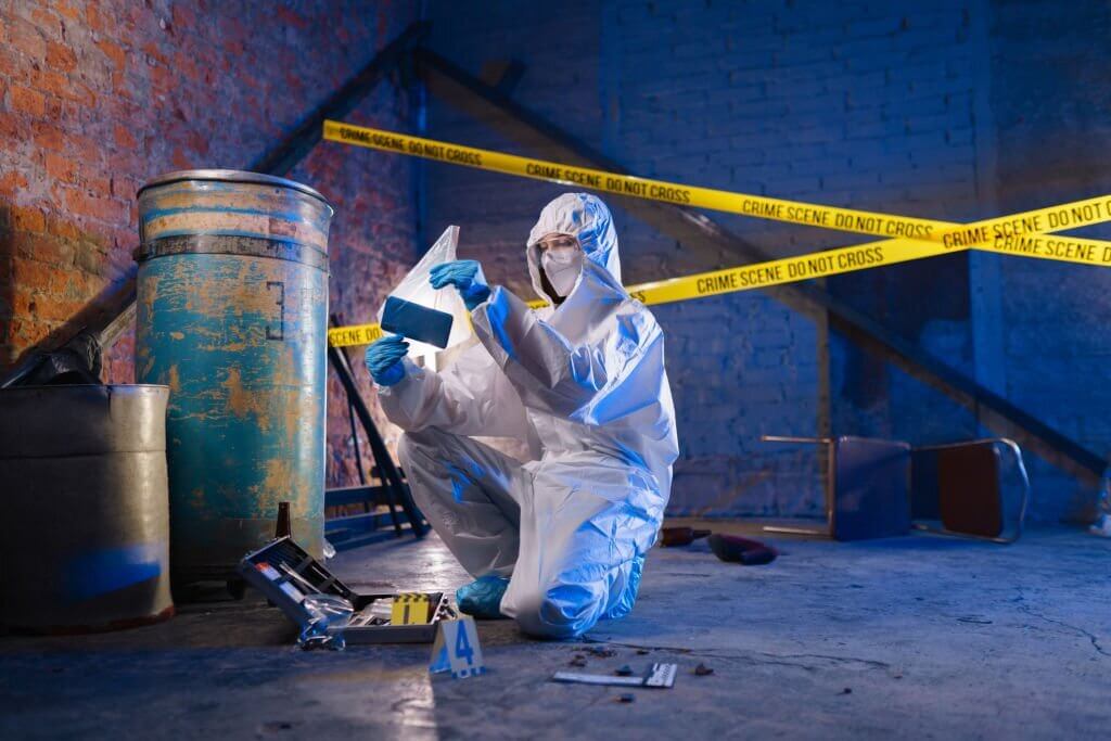Criminologist in a protective suit against the barricade tape holds a physical evidence in a plastic bag at the crime scene in abandoned warehouse