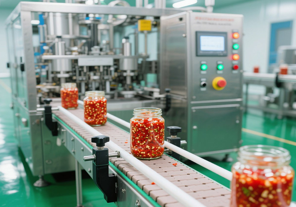 machine is filling hot sauce machine is filling hot sauce