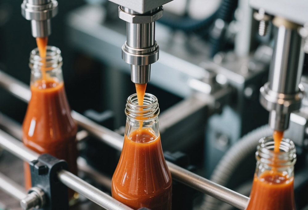 the sauce filling machine is filling bottles the sauce filling machine is filling bottles