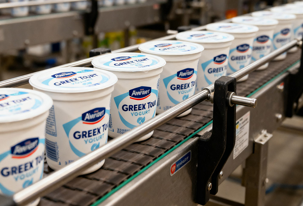 greek yogurt on the production line greek yogurt on the production line