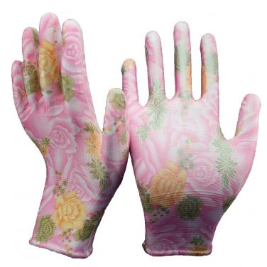 13 Gauge Flower Print Knitted Polyester Liner PU Palm Coated Work Gloves PU1350FP