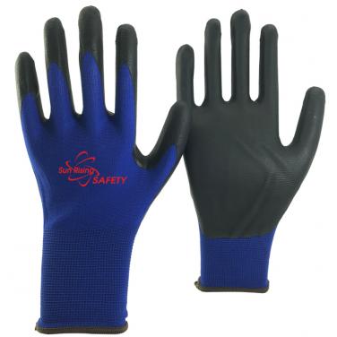 13 Gauge Navy Blue Nylon Knitted Liner Palm Coated Water-based PU Gloves WPU1350-NV/BLK