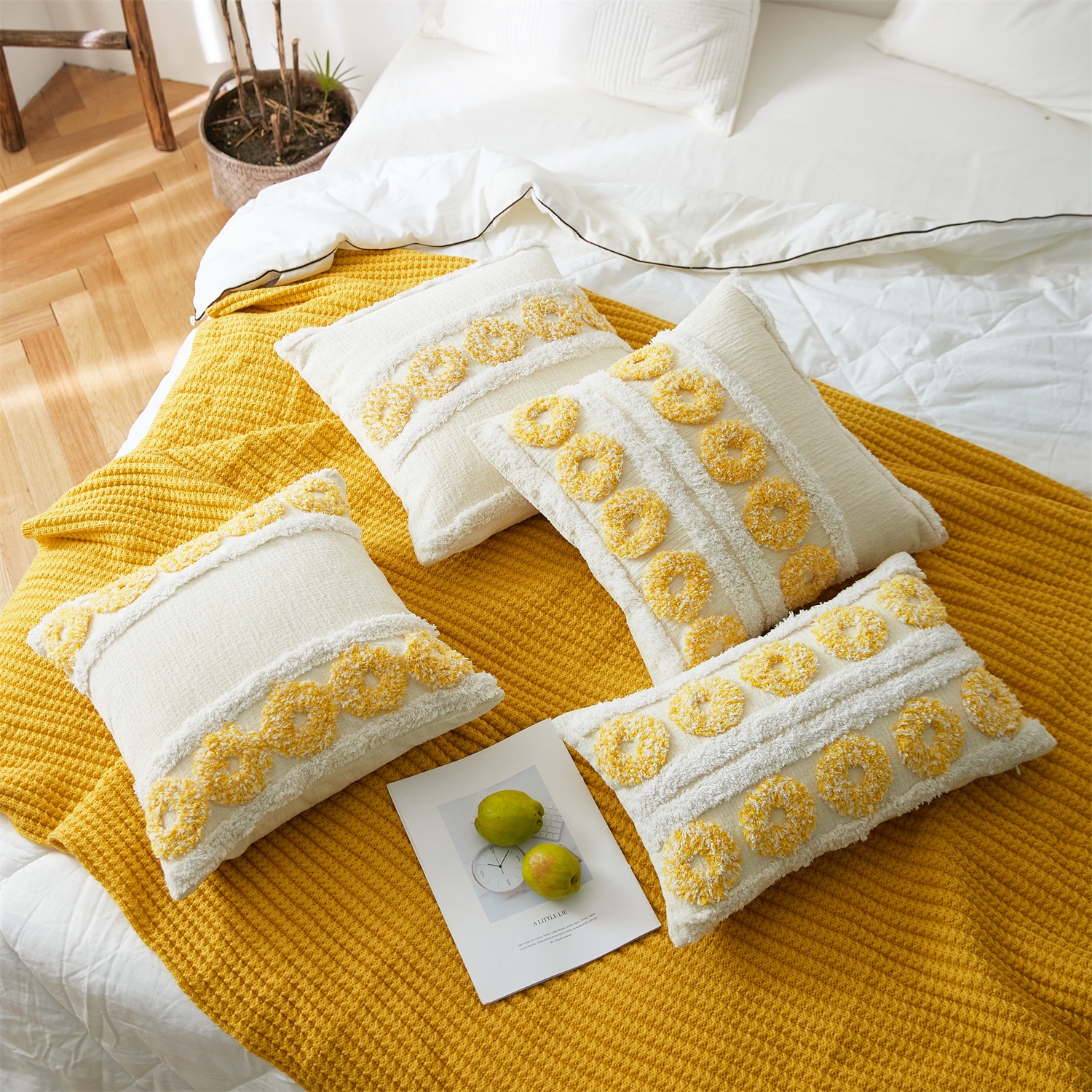Yellow tufting pillow beige cotton embroidered cushion cover