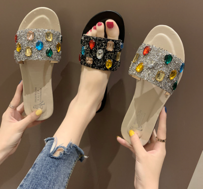 ins net red slippers female outer wear fashion 2019 new summer flat bottom word slippers wild rhinestone sandals and slippers