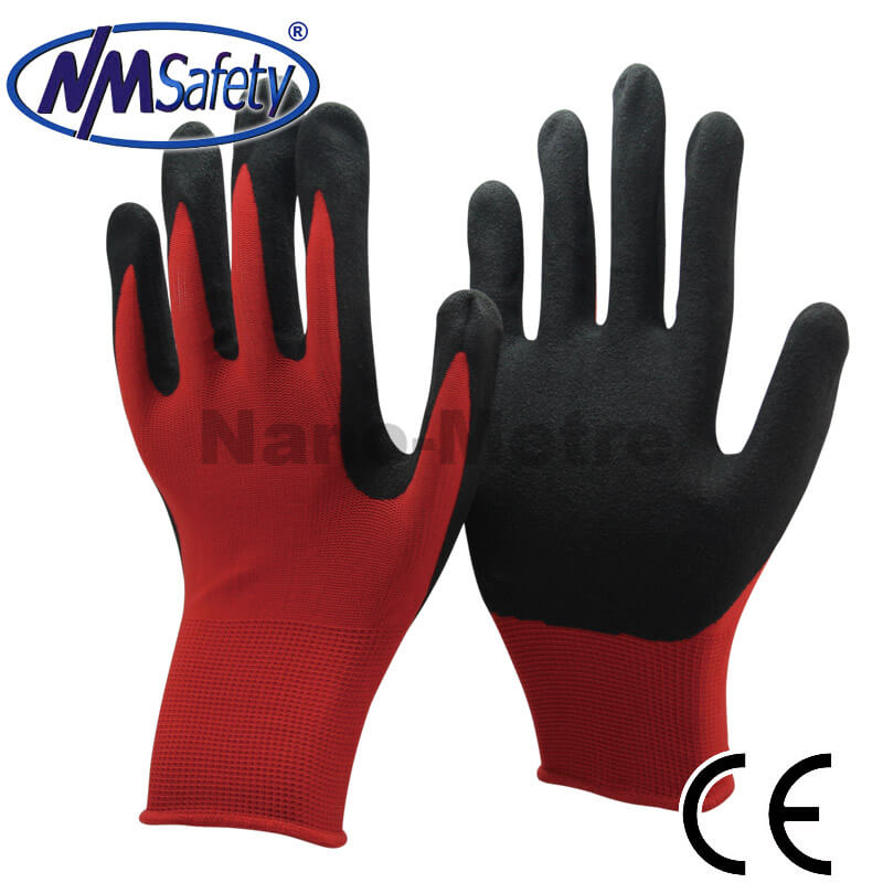 Red Nylon Liner Dipped Sandy Nitrile Glove-  NY1350S-R/BLK