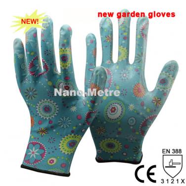 Flower Print Polyester Liner Coated Nitrile Glove -NY1350FP