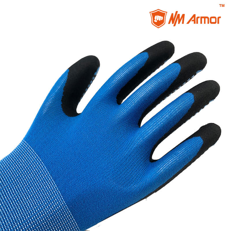 EN388:4121X High-Technology Foam Nitrile Coating Nylon Spandex Palm With Dots Gloves-NY1350FD-BL