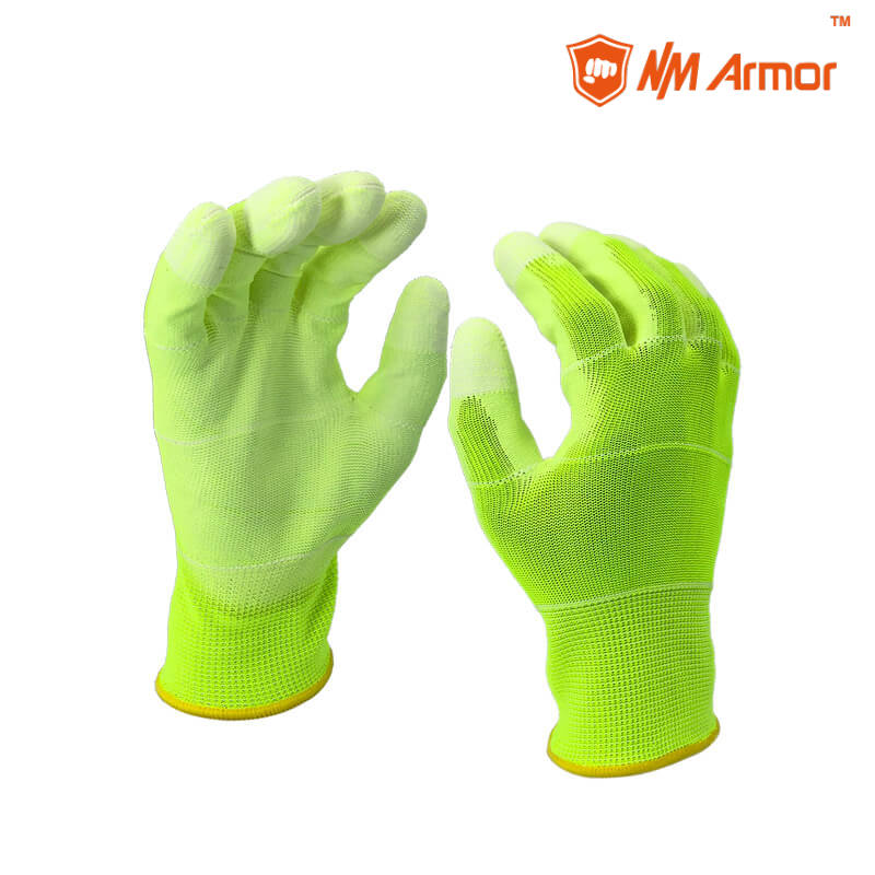 EN388:3121X hi-viz gloves 13 gauge polyester colored pu glove -PU1350P-HY/W