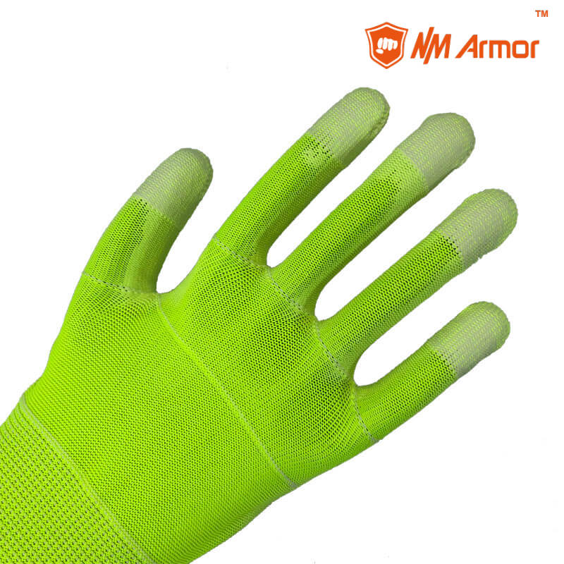 EN388:3121X hi-viz gloves 13 gauge polyester colored pu glove -PU1350P-HY/W