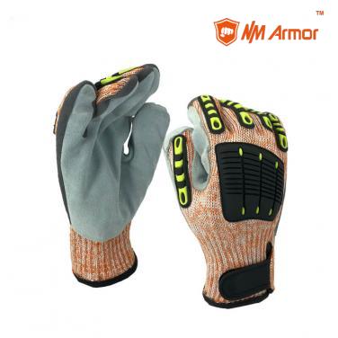 ANSI Cut 9 leather gloves with 7 gauge cut resistant knitting gloves cowhide leather on palm stitch with TPR-DY007CS-AC