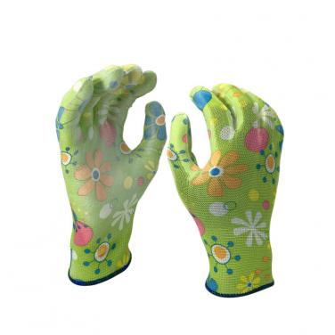 EN388:3121X Polyester Colorful Printing Garden Pu Gloves Garden Gloves Flower -PU1350FP