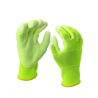 EN388:3121X hi-viz gloves 13 gauge polyester colored pu glove -PU1350P-HY/W