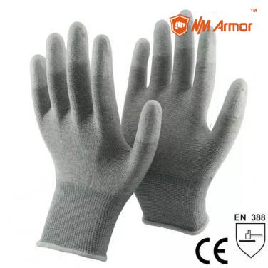 Nylon-Carbon Knitted Liner Coated White PU On Finger Tips ESD Glove- PU20.07F