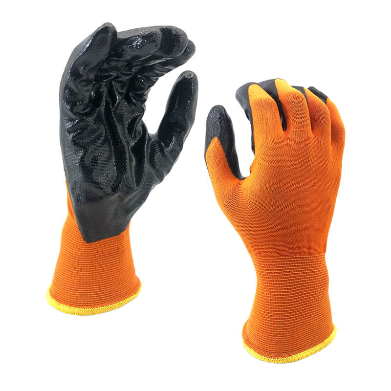 EN388:3121X Smooth Nitrile Dipped Nylon Palm Work Glove-NY1350P-OR/BLK