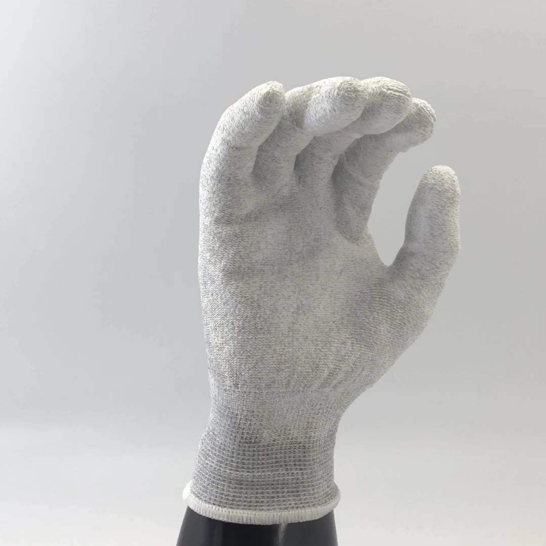 Nylon-Carbon Knitted Liner Coated White PU On Finger Tips ESD Glove- PU20.07F