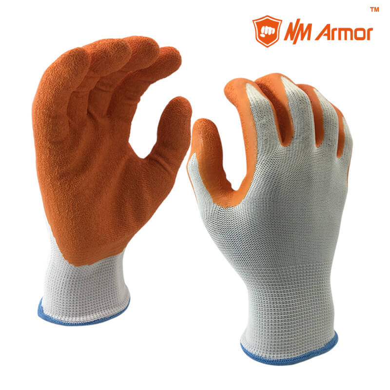EN388:2121X 13 Gauge White polyester Liner Coated Latex Crinkle Finished On Palm Gloves-NM1350P-W/OR