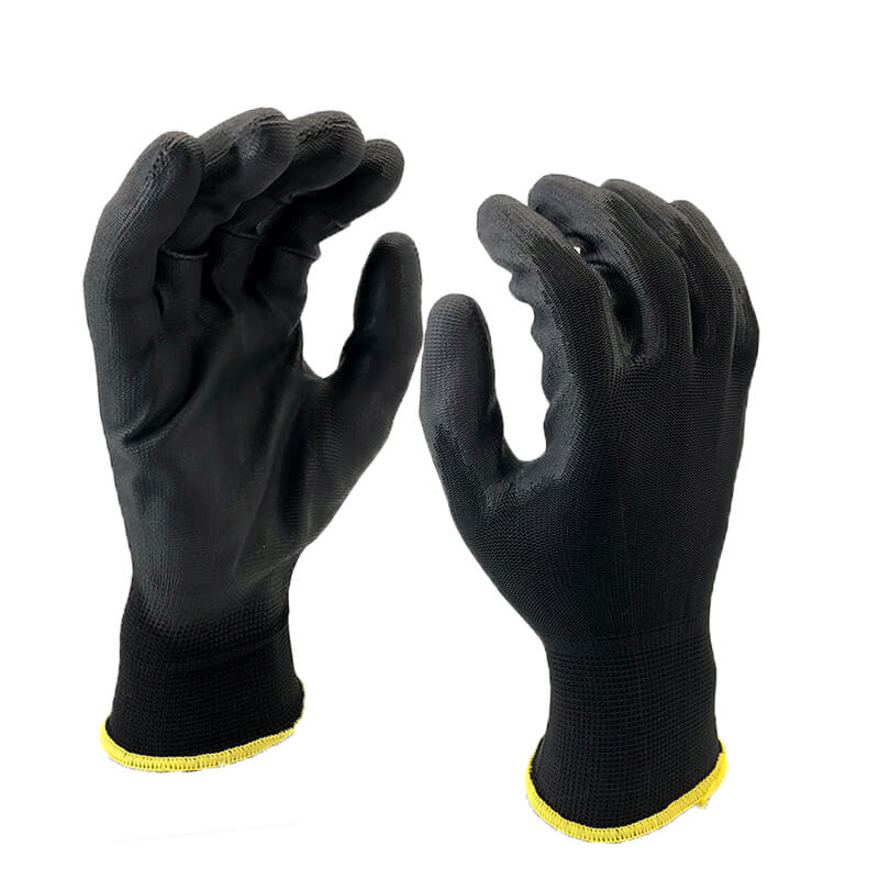 EN388:3121X 13 Gauge Polyester Knitted Liner PU Palm Coated Work Gloves-PU1350P-BLK