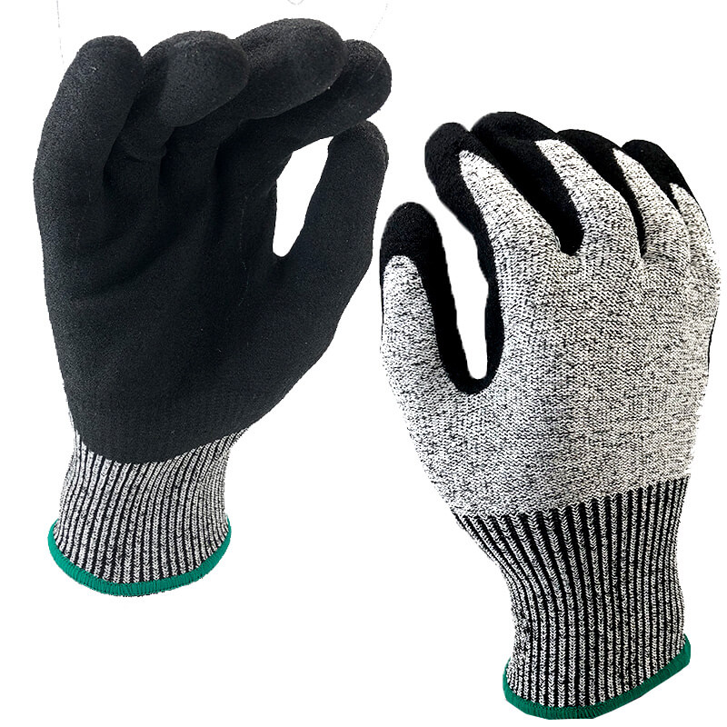 EN388: 4X42C Cut liner Coated Sandy Nitrile on Plam Work Gloves-DY1350S-BLK